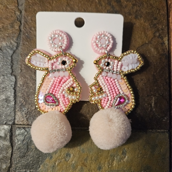 Boho Pink Bunny Beaded Earrings - Picture 1 of 1